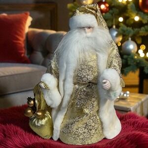 Gold Santa Claus Christmas TREE TOPPER 13" Toy Bag And Jingle Bell Hat EUC‎